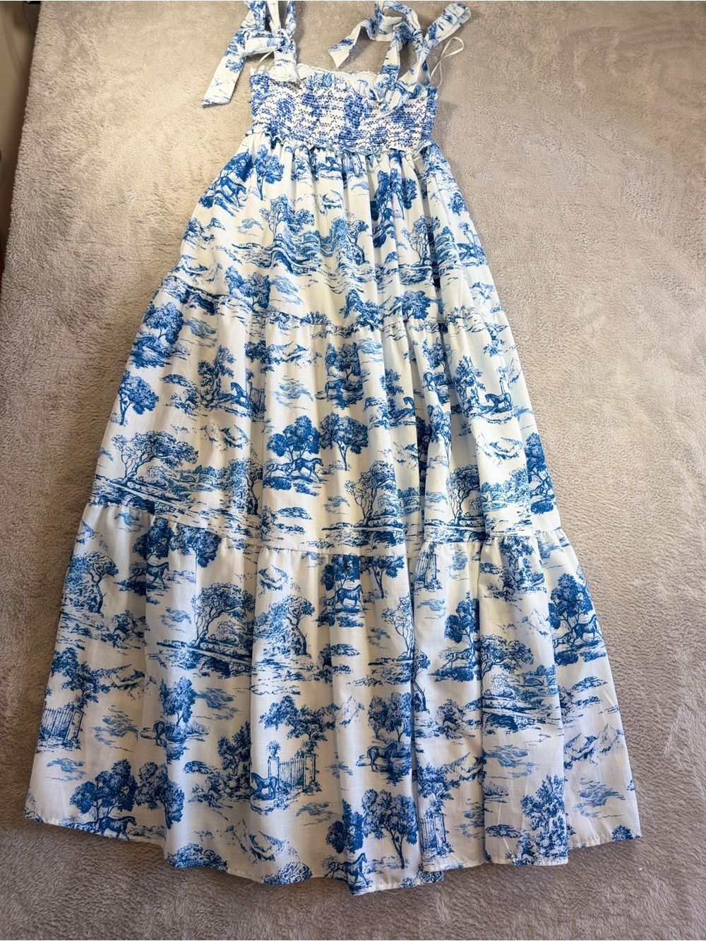 When in Rome Flying Tomato Blue and White Smocked Sundress with Tie Straps M - Picture 3 of 7